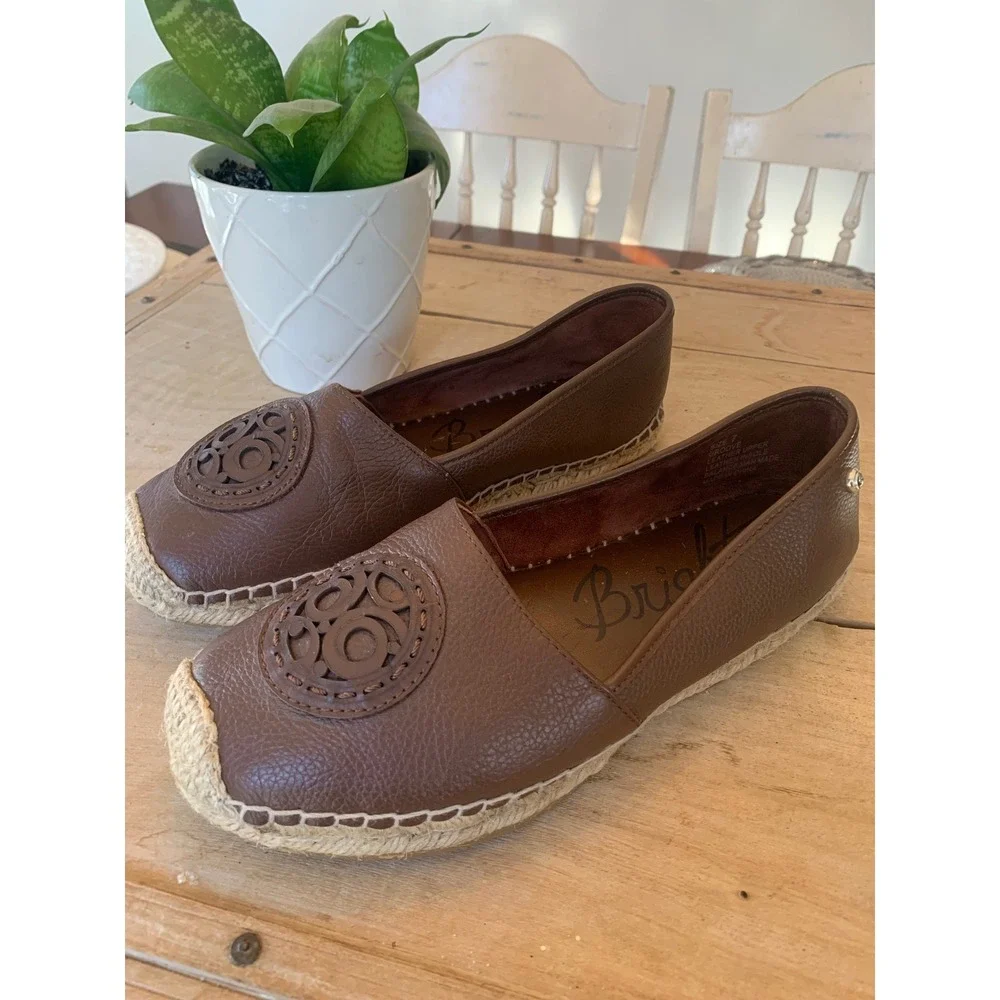Brighton Groove Brown Pebbled Leather Espadrille Flats Medallion Womens 7‎